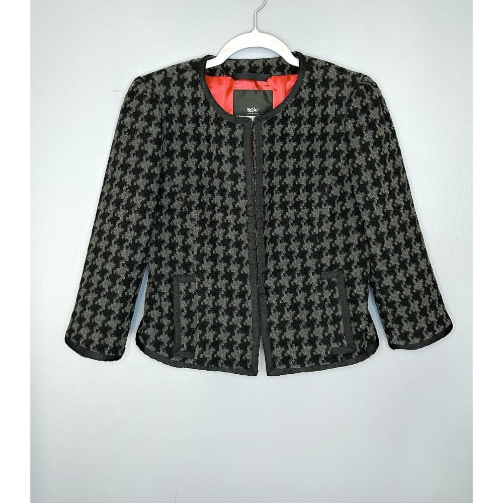 Mossimo Tweed‎ Jacket Womens M Houndstooth Collarless Black Grey Twee 3/4 Sleeve